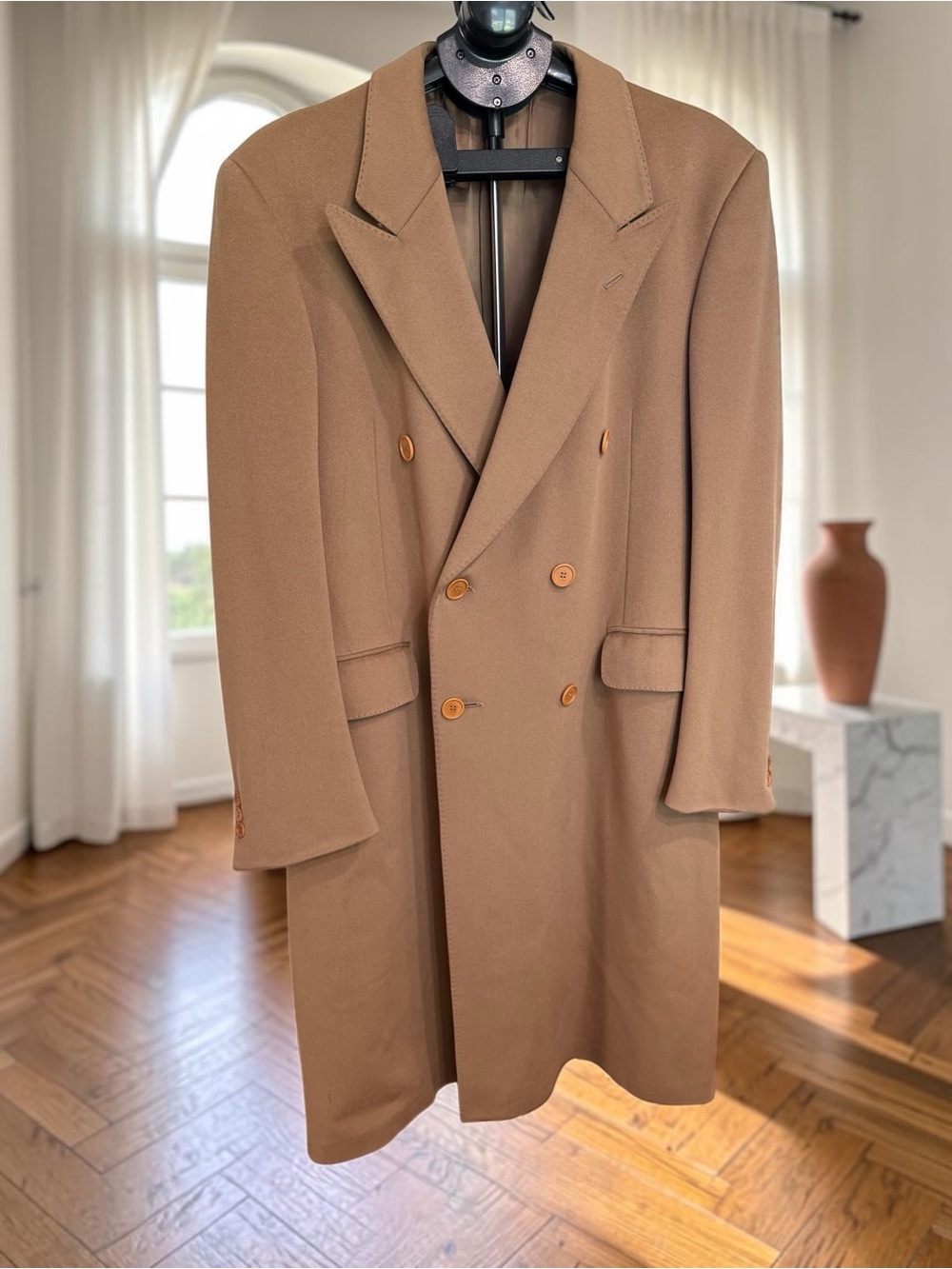 Vintage Loro Piana Fabric Camel Double Breasted Overcoat 44R L / Italian Wool Po